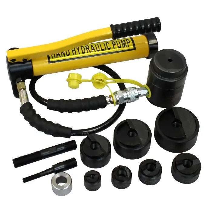 HYDRAULIC KNOCKOUT PUNCH 15 TON CAPACITY CAPABLE OF PUNCHING UP TO 4" CONDUIT  COMES WITH SLUG BREAKING ROUND PUNCHES 1/2" TO 2-1/2" CONDUIT SIZES  STEEL CASE HAND PUMP UNIT CONNECTS TO HEAD WITH HOSE